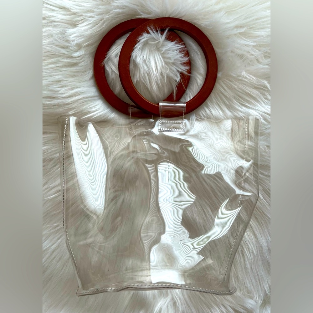 See through PVC bucket tote with wooden handles